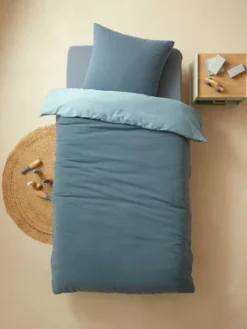 Parure Enfant Bicolore Housse De Couette + Taie D'oreiller En Gaze De Coton Bleu - Vertbaudet